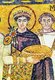 Italy / Byzantium: The Byzantine Emperor Justinian I (r. 527-565 CE) dressed in Tyrian Imperial Purple robes. Detail of a 6th century mosaic in the basilica of St Vitale Church, Ravenna, Italy